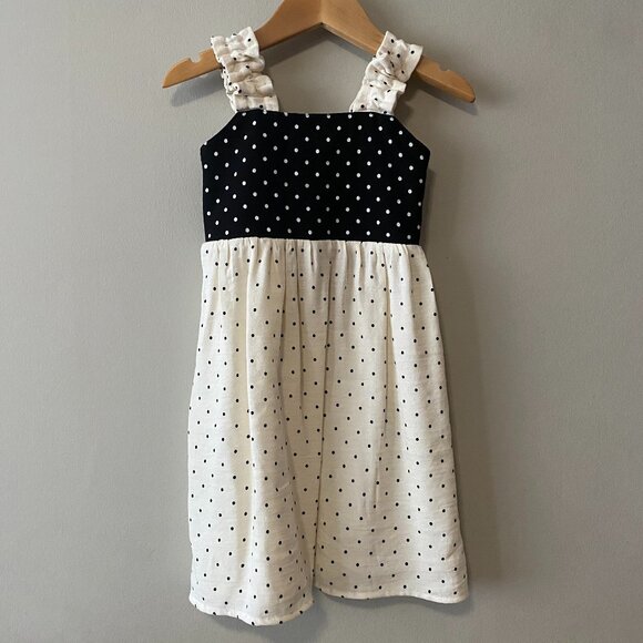 Handmade Children's Black Off White Polka Dot 100% Cotton Elastic Straps Dress - Picture 1 of 13